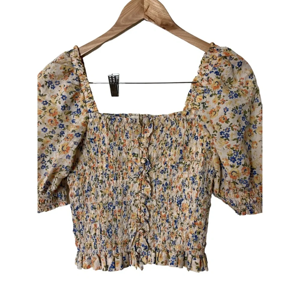 Sezane Floral Smocked Puff-Sleeve Crop Top in Yellow and Blue - Picture 3 of 7